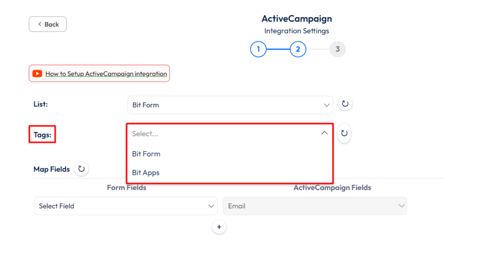 ActiveCampaign Integration with Bit Form - Select Tags