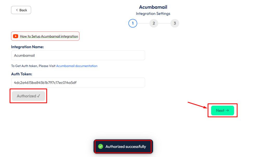 Acumbamail Integration with Bit Integrations - Authorization is Success