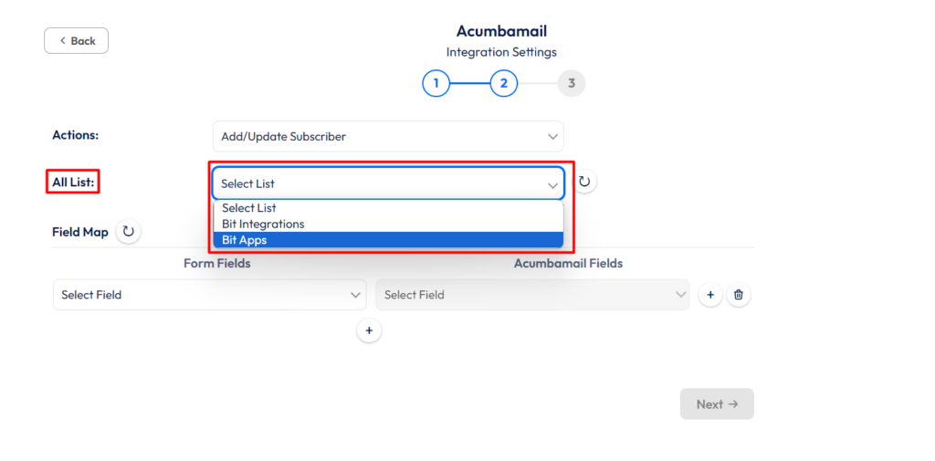 Acumbamail Integration with Bit Integrations - Select All List