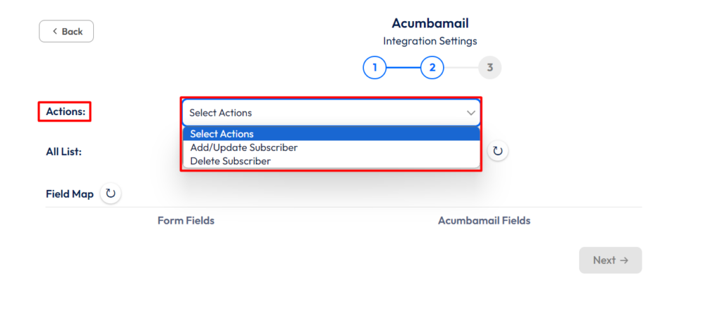 Acumbamail Integration with Bit Integrations - Select an action