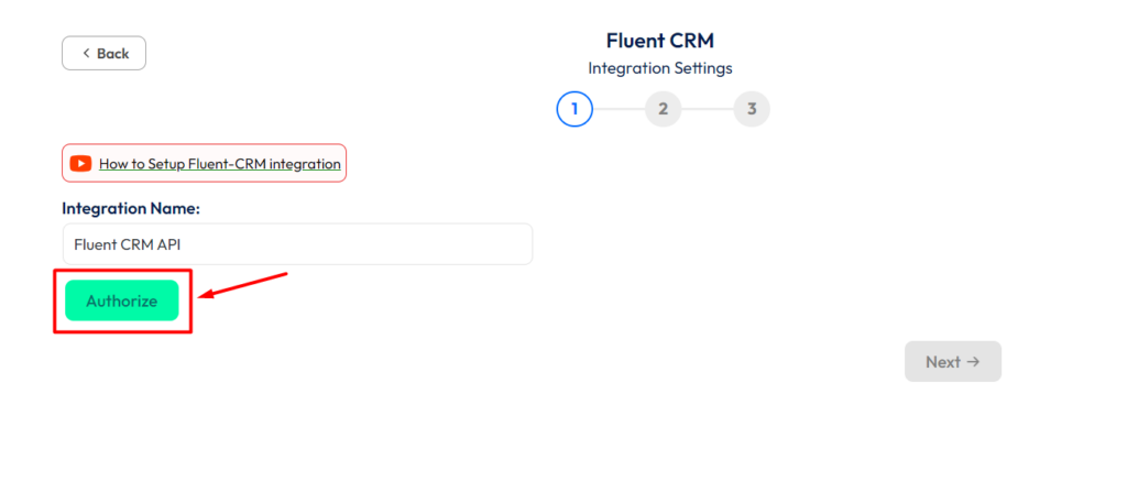 FluentCRM Integration with Bit Form - Click on the Authorize button