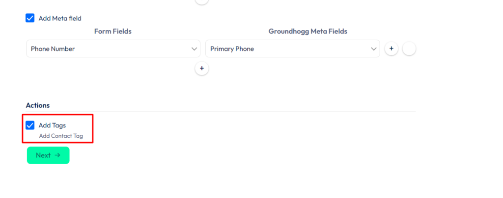 Groundhogg Integration with Bit Form - Actions - Create a Contact - add tags