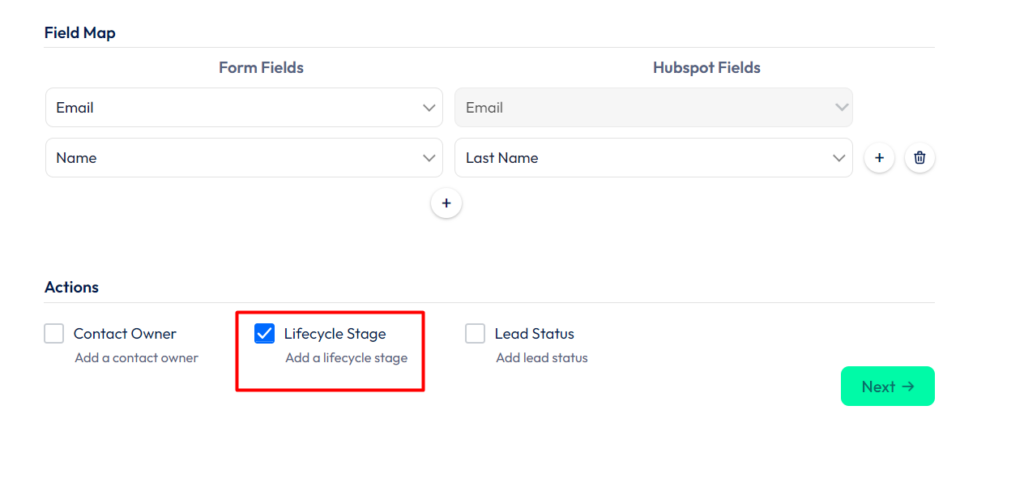 HubSpot Integration with Bit Form - Action - Lifecycle stage