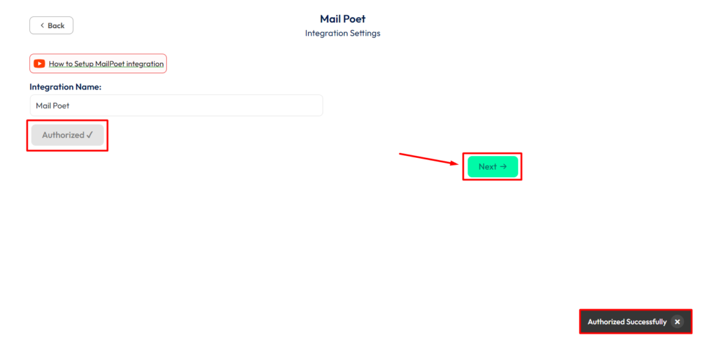 MailPoet Integration with Bit Form - Authorized is successful