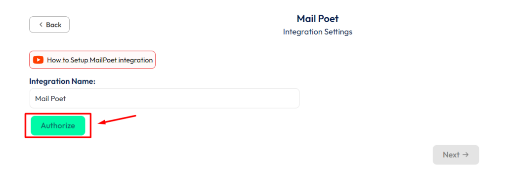 MailPoet Integration with Bit Form - Click on Authorize