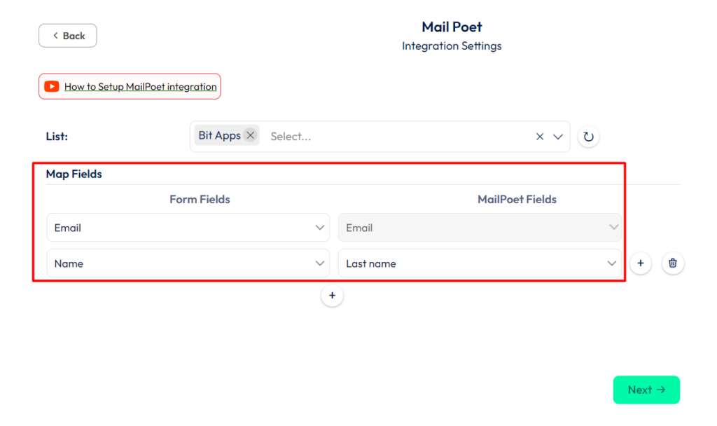 MailPoet Integration with Bit Form - Fields Mapping