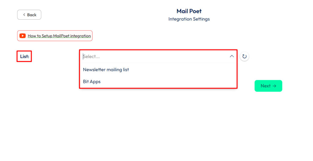 MailPoet Integration with Bit Form - List