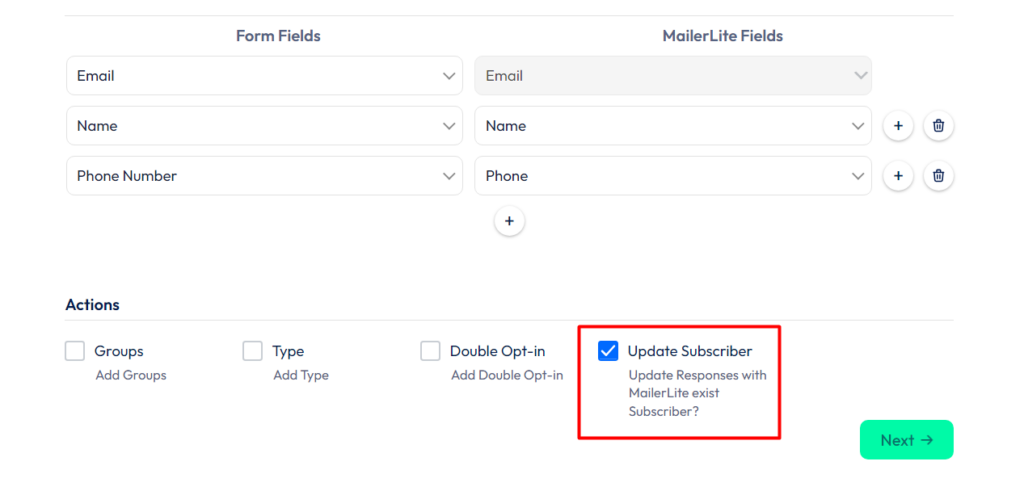MailerLite Integration Bit Form - Actions - Update Subscriber