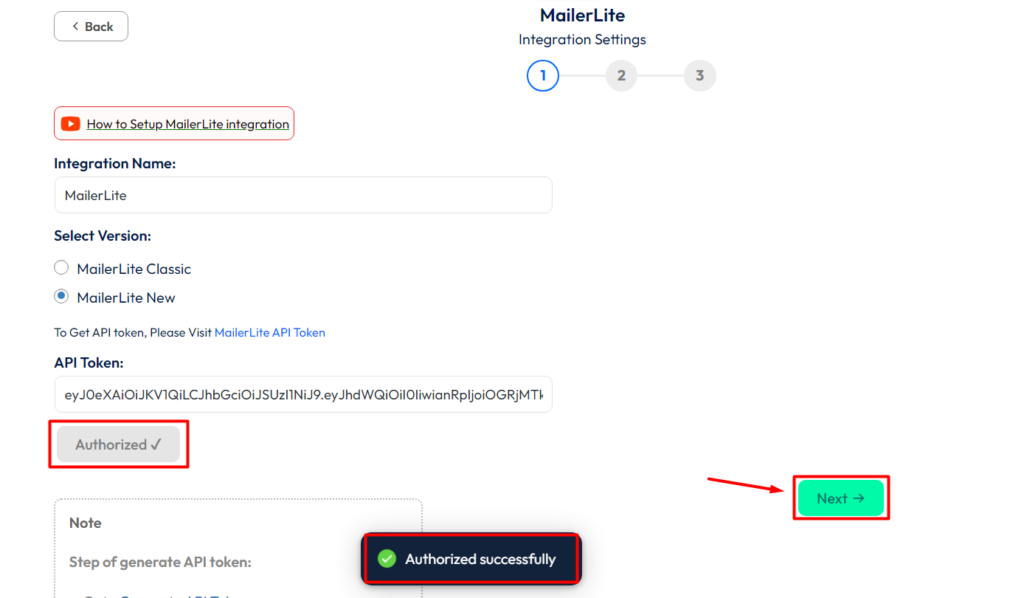 MailerLite Integration Bit Form - Authorized is success