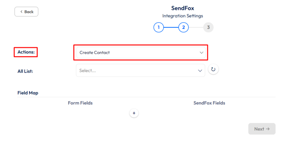 SendFox Integration with Bit Form - Actions - Create Contact