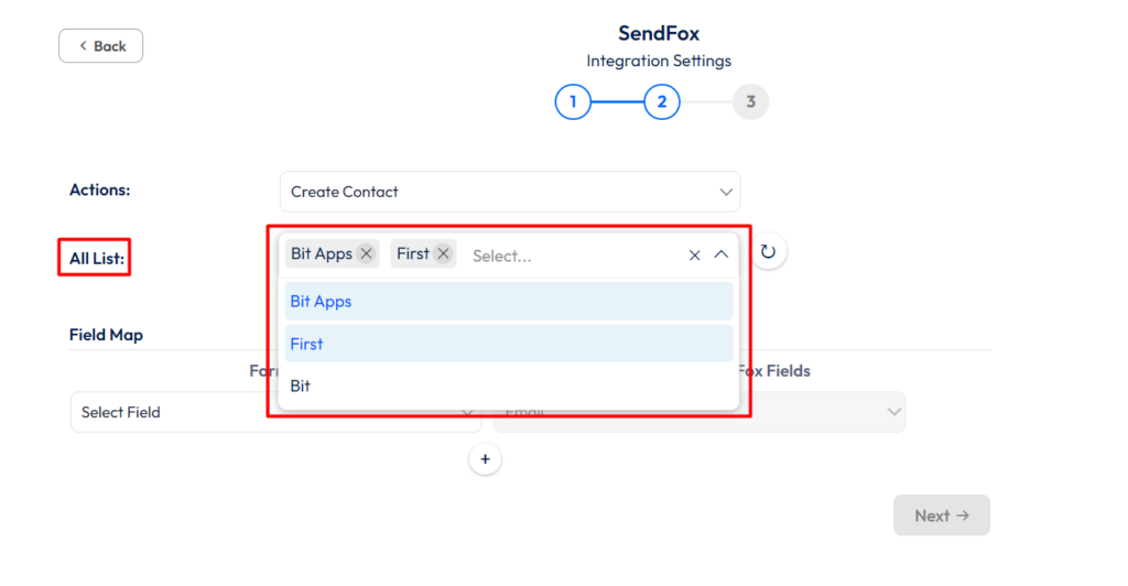 SendFox Integration with Bit Form - Actions - Create Contact - Choose list