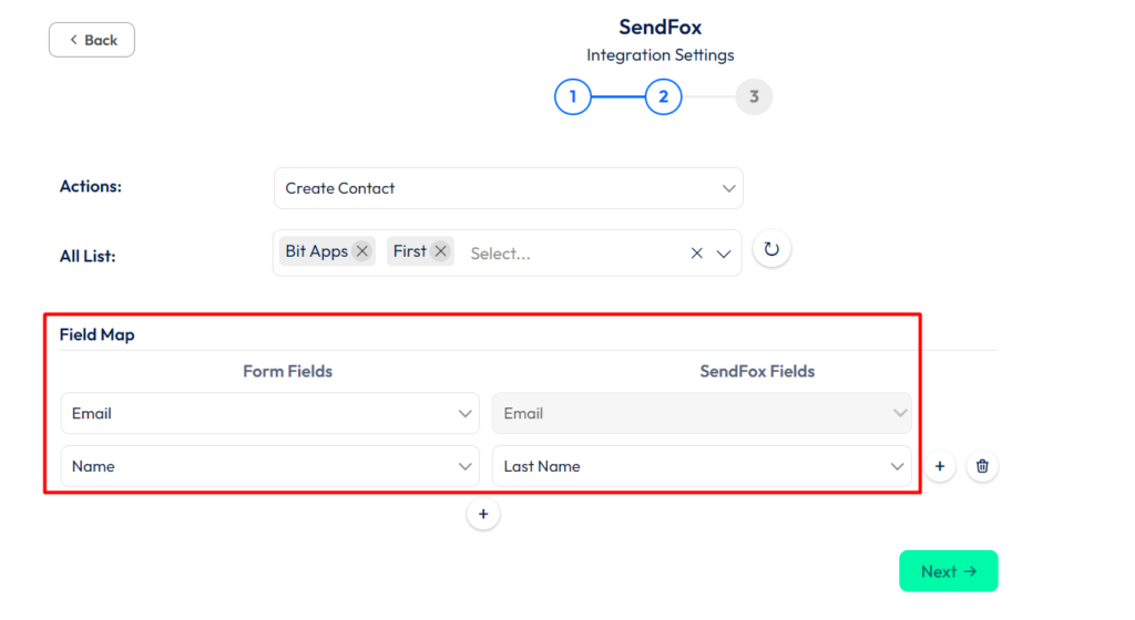 SendFox Integration with Bit Form - Actions - Create Contact - Field Mapping