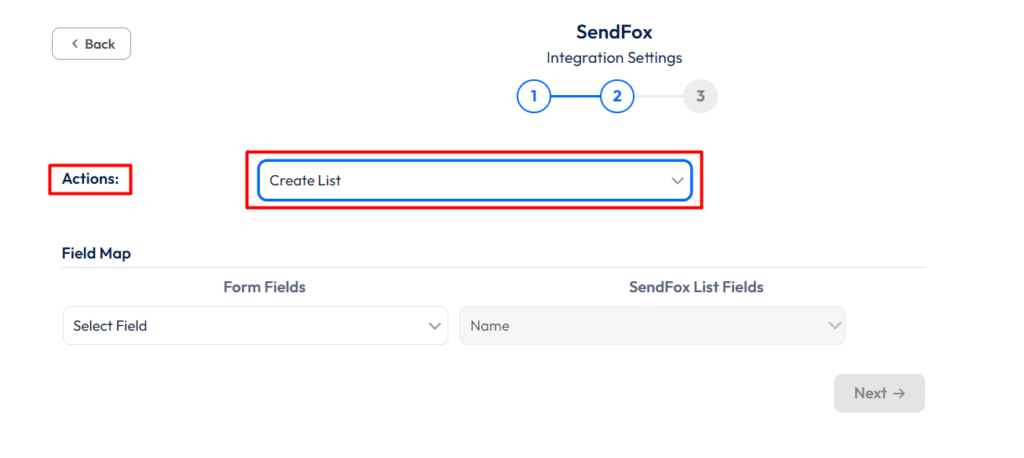 SendFox Integration with Bit Form - Actions - Create List