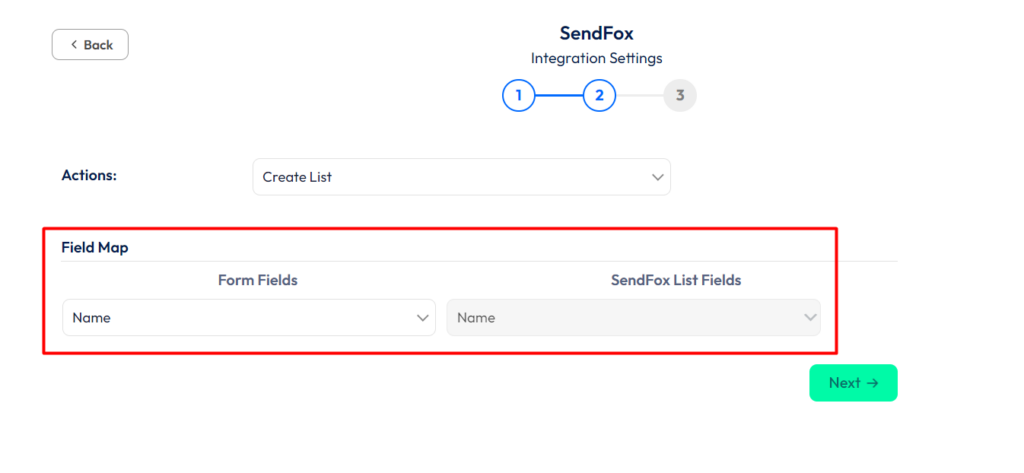 SendFox Integration with Bit Form - Actions - Create List - Field Mapping