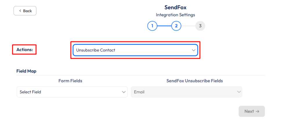 SendFox Integration with Bit Form - Actions - Unsubscribe Contact