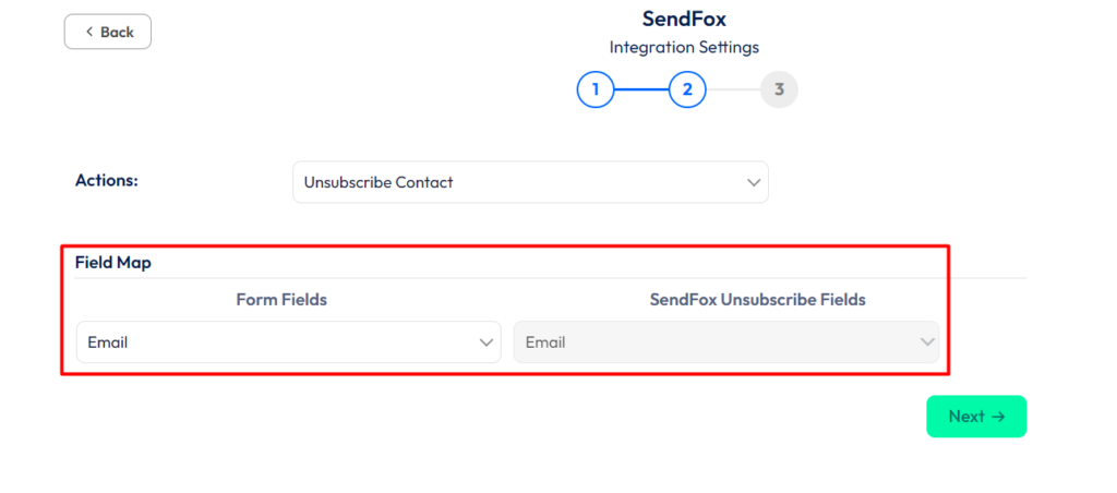 SendFox Integration with Bit Form - Actions - Unsubscribe Contact - Field Mapping