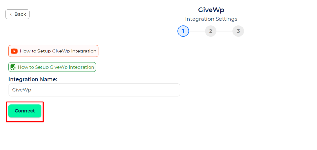 GiveWp Integrations Click on connect button
