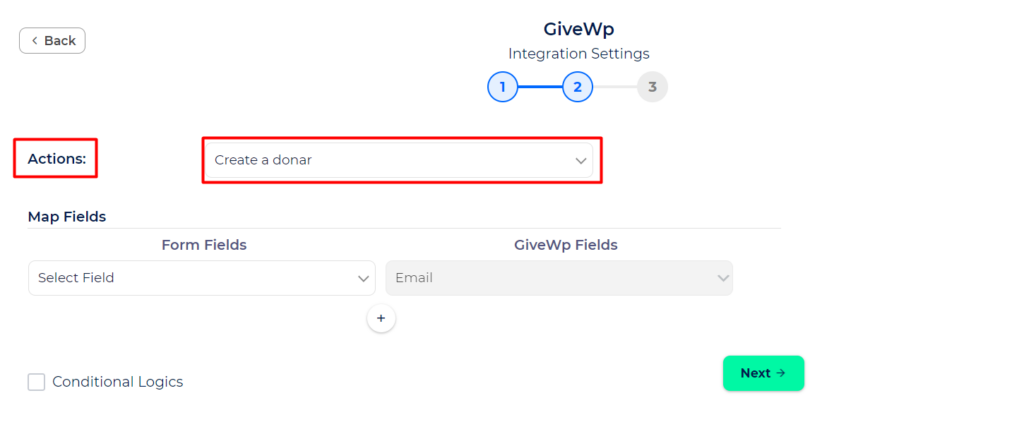 GiveWp Integrations - choose Action