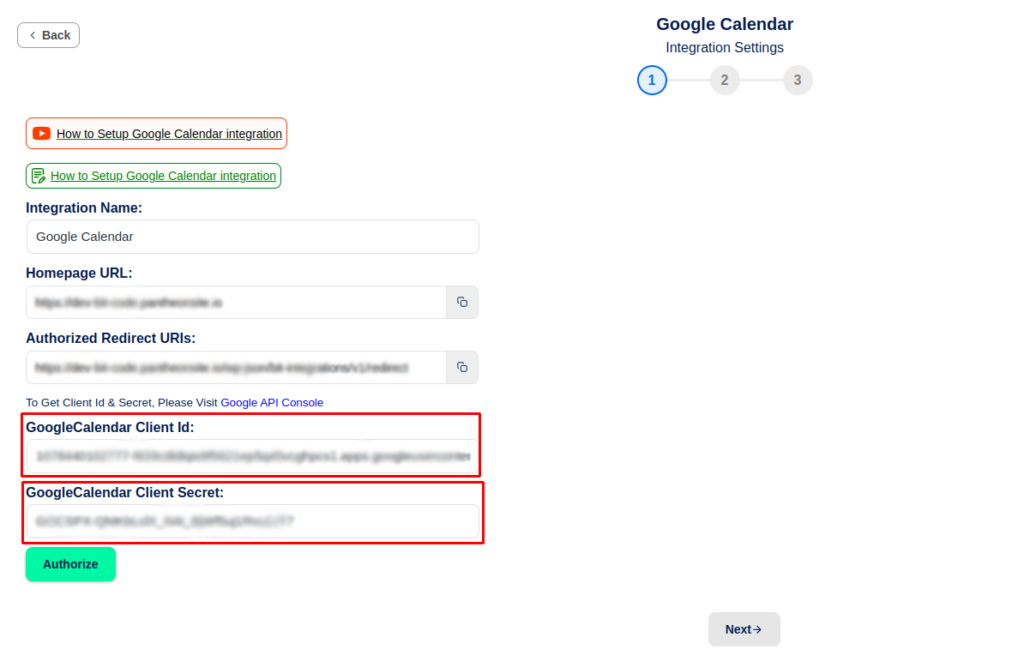 Google Calendar Integrations - Paste Client ID and Client Secret
