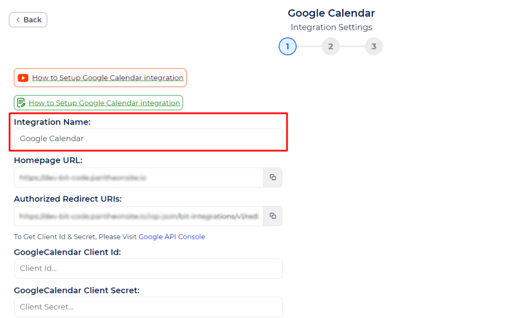 Google Calendar Integrations Set Integrations Name