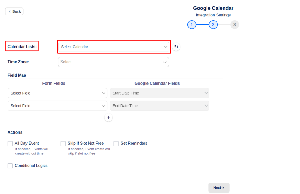 Google Calendar Integrations - select a calendar