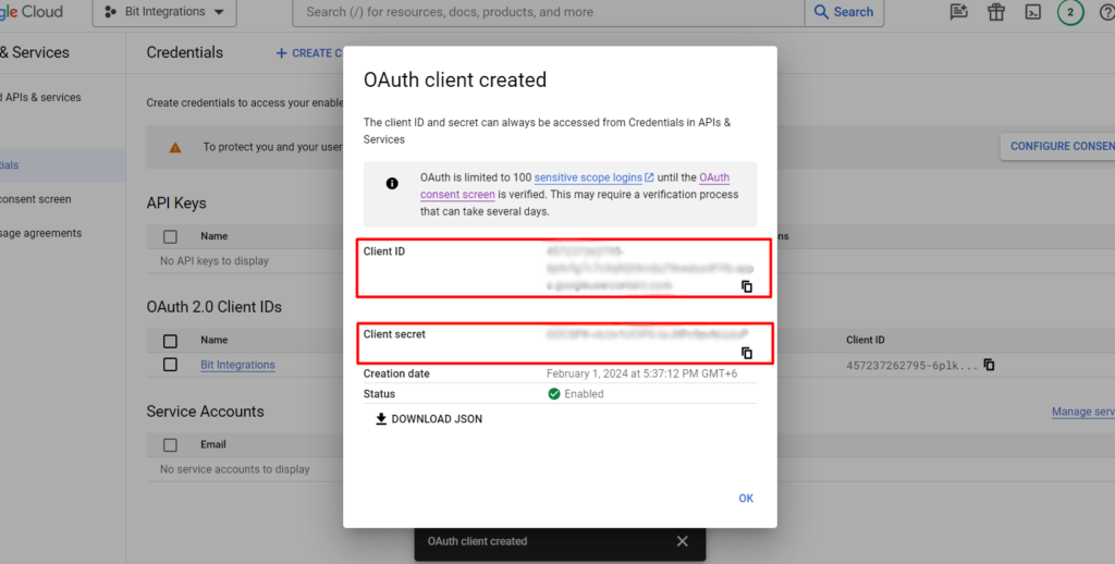 Google Contacts Integrations - Copy Client ID and Client Secret
