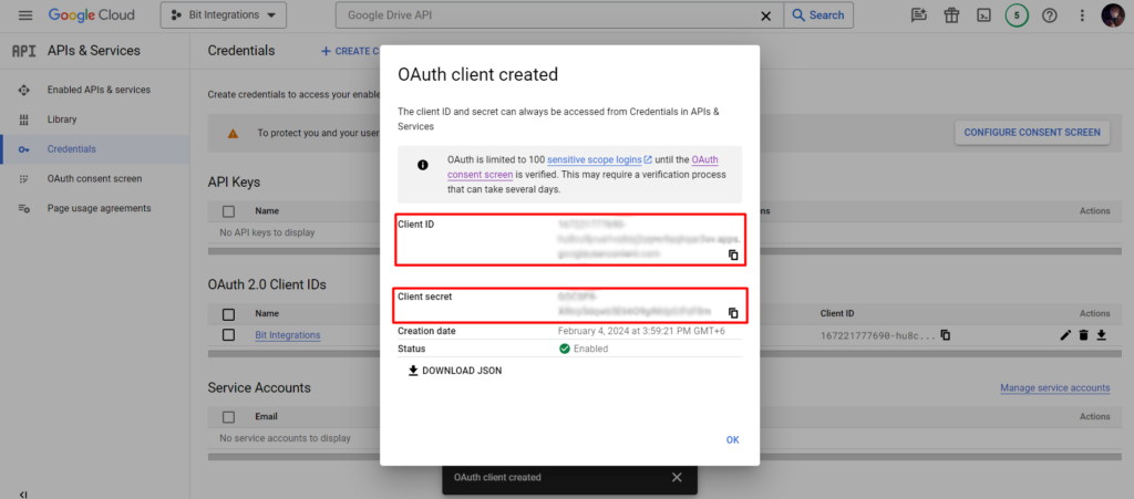 Google Drive Integrations - Copy Client ID and Client Secret