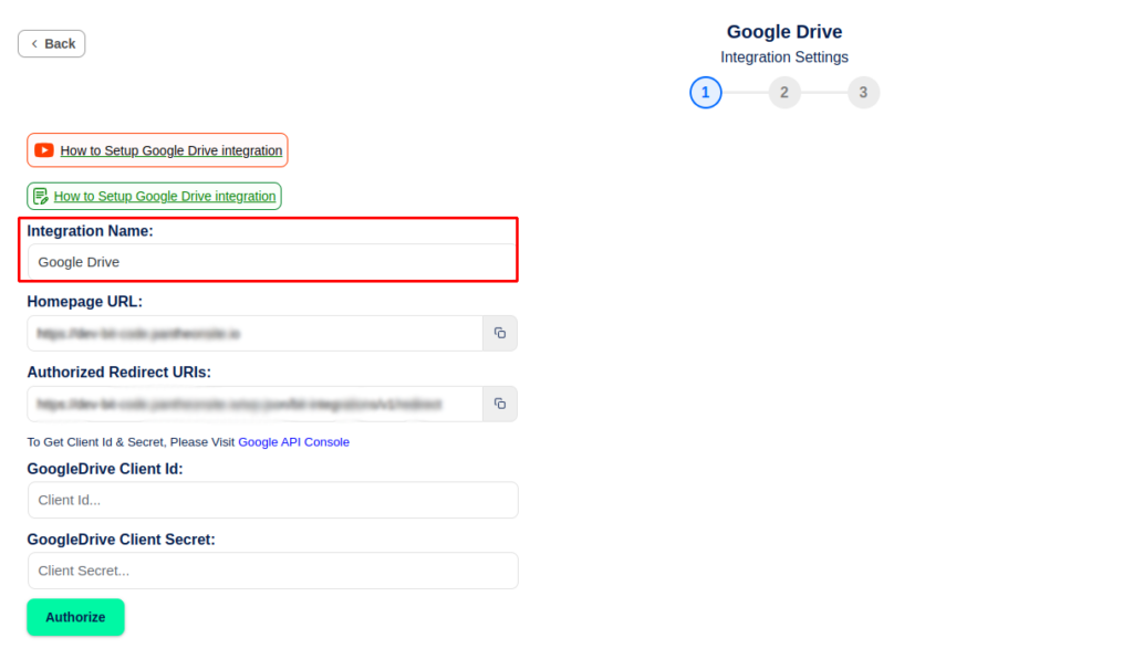 Google Drive Integrations - Set Integrations name