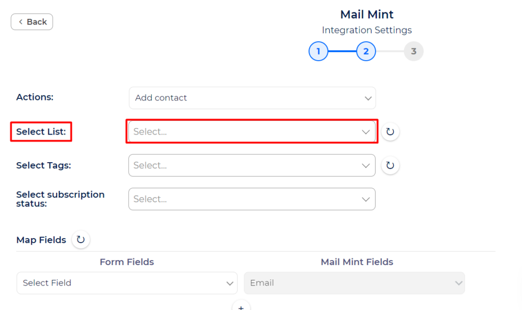 Mail Mint Integration With Bit Integrations - select an Action - Select List