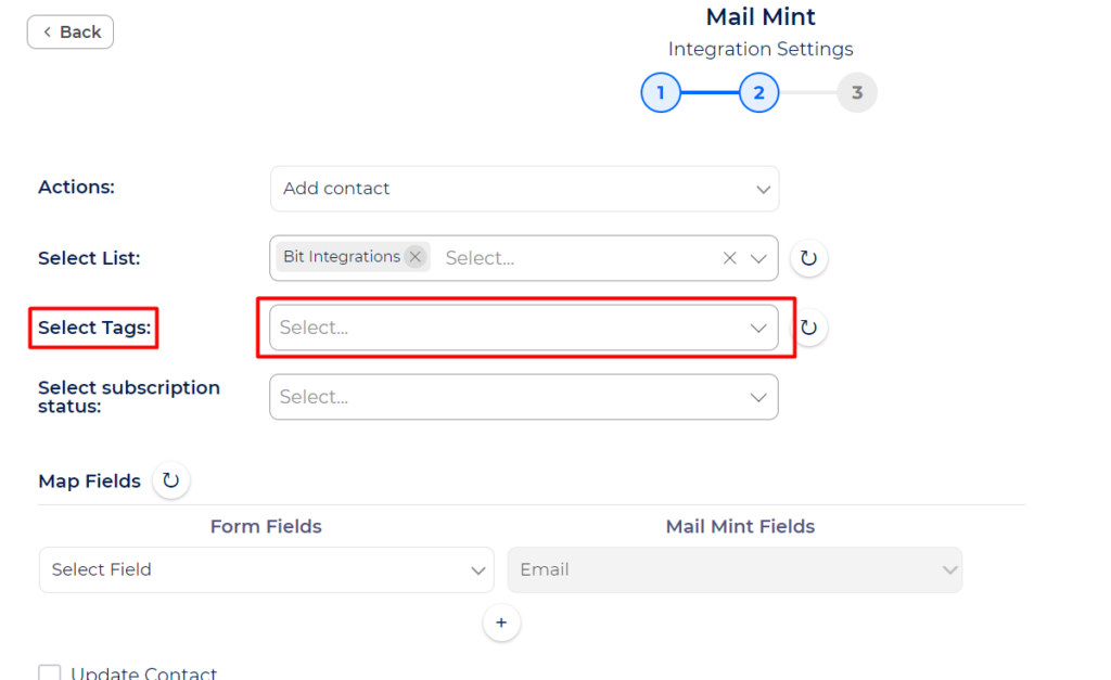 Mail Mint Integration With Bit Integrations - select an Action - Select Tags