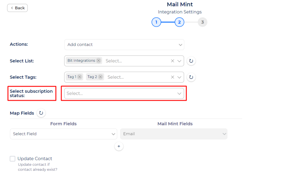Mail Mint Integration With Bit Integrations - select an Action - subscription status