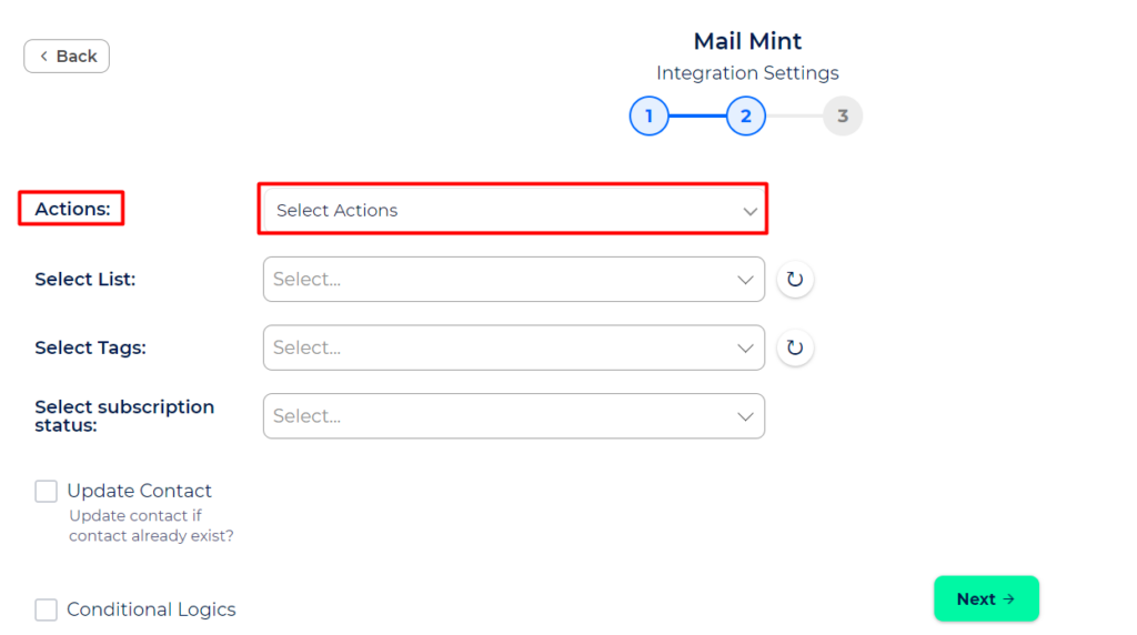 Mail Mint Integration With Bit Integrations - select an Actions
