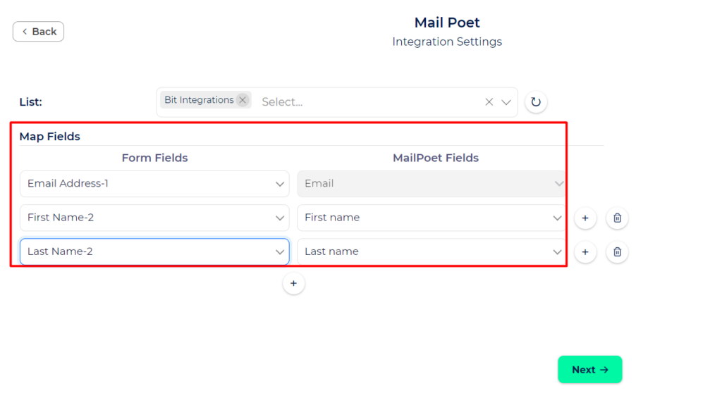MailPoet Integration with Bit Integrations - Field Mapping