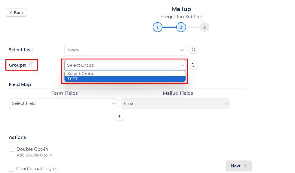 MailUp Integration with Bit Integrations - Select Group