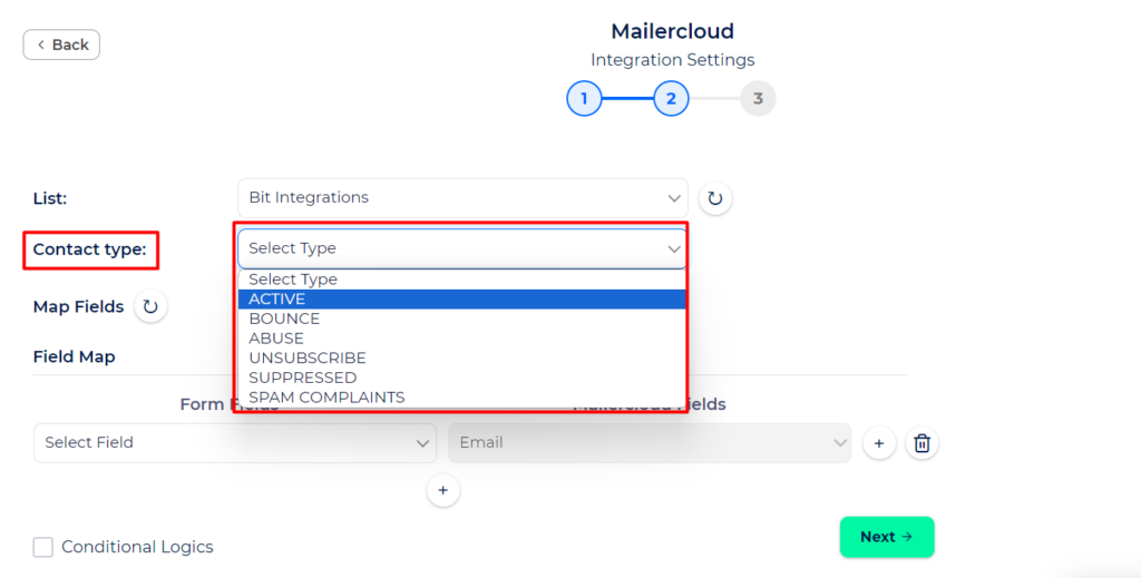 Mailercloud Integration with Bit Integrations -  Contact Type
