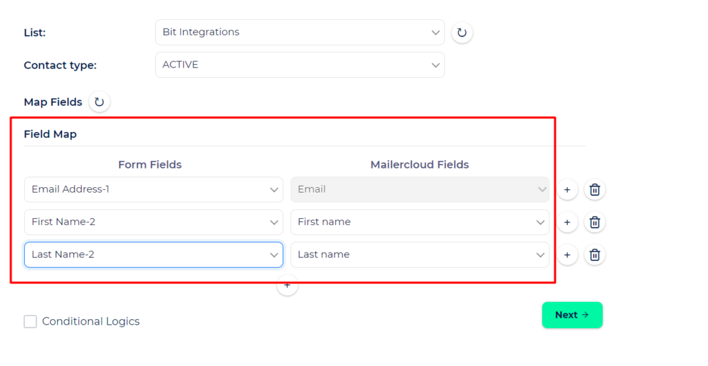 Mailercloud Integration with Bit Integrations -  Field mapping