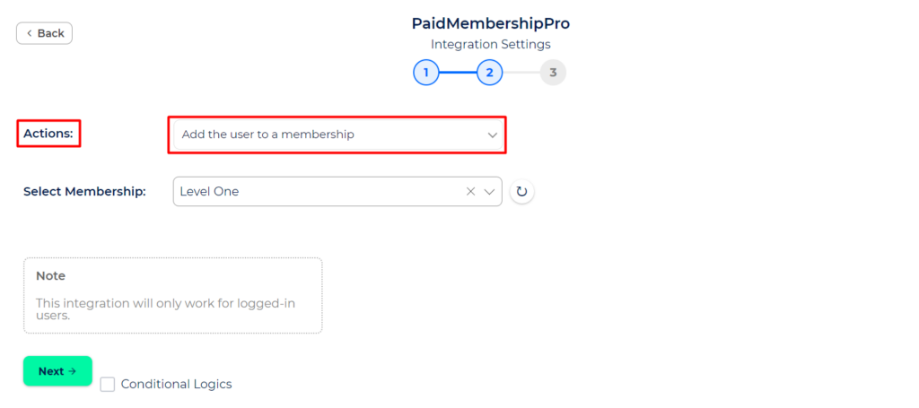 Paid Memberships Pro Integration with Bit Integrations - Actions - Add the user to a membership