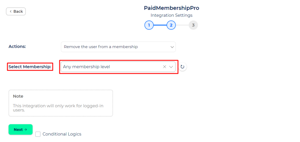 Paid Memberships Pro Integration with Bit Integrations - Actions - remove the user from a membership - select membership