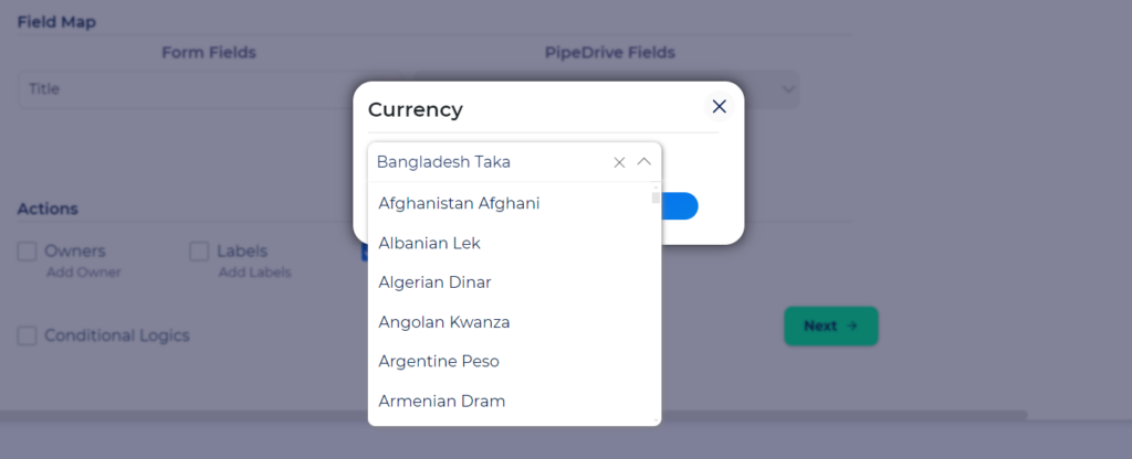 Pipedrive Integration with Bit Integrations - Actions - Currency