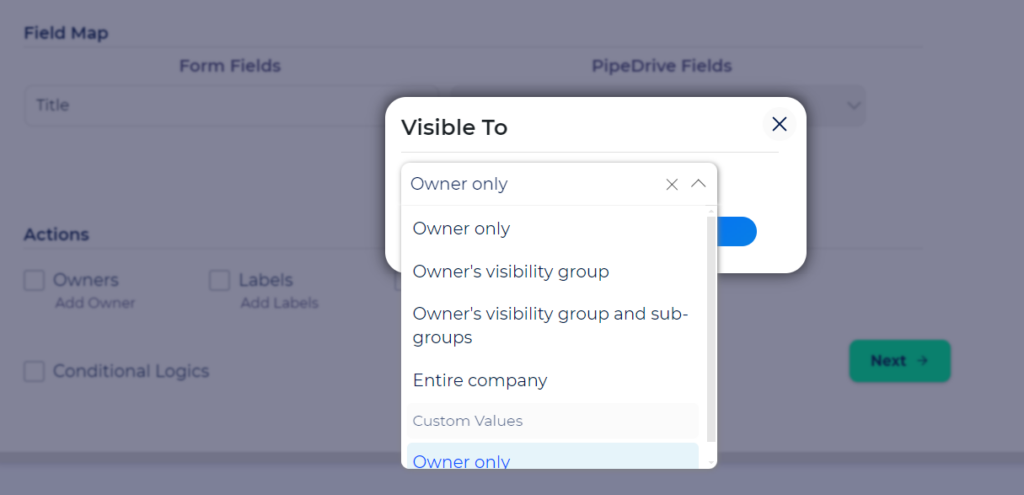 Pipedrive Integration with Bit Integrations - Actions - Visible To