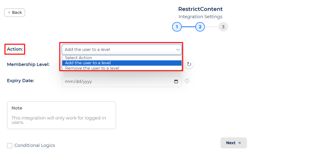Restrict Content Integration with Bit Integrations - Action - Add the user to a level