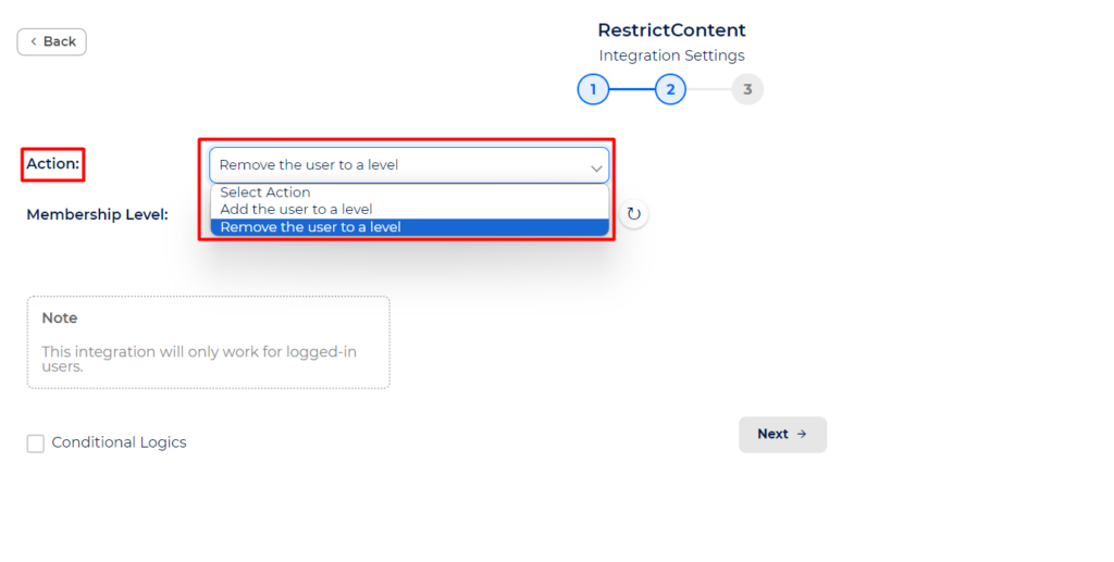 Restrict Content Integration with Bit Integrations - Action - Remove the user to a level