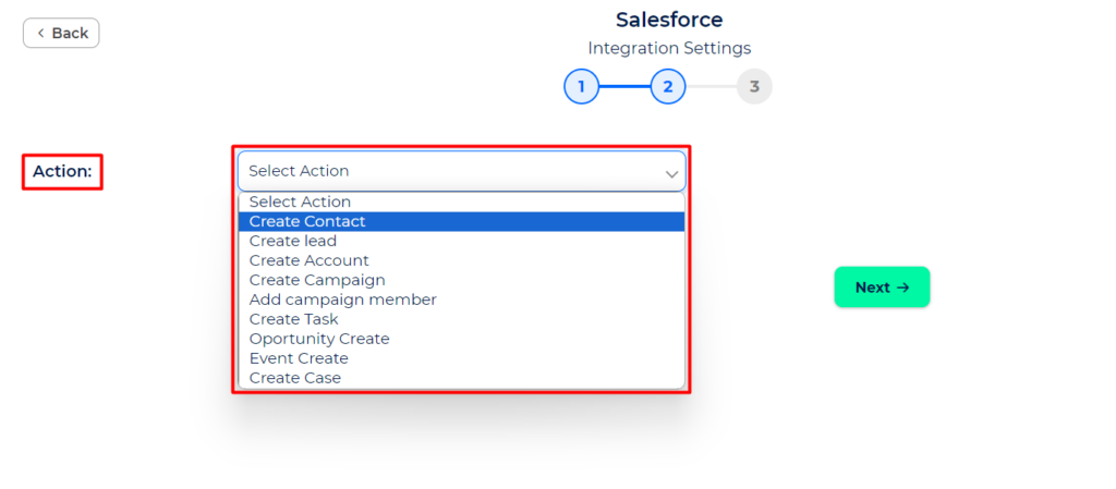 Salesforce Integration with Bit Integrations - Select an Action