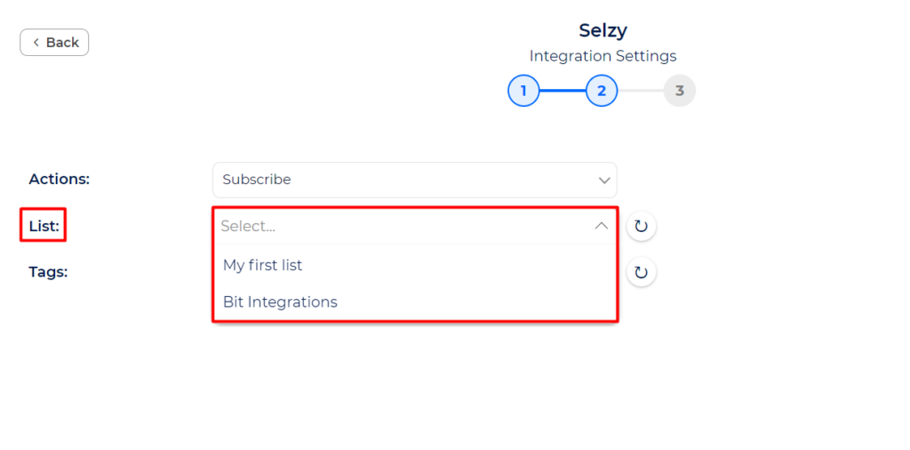 Selzy Integration with Bit Integrations - Select List
