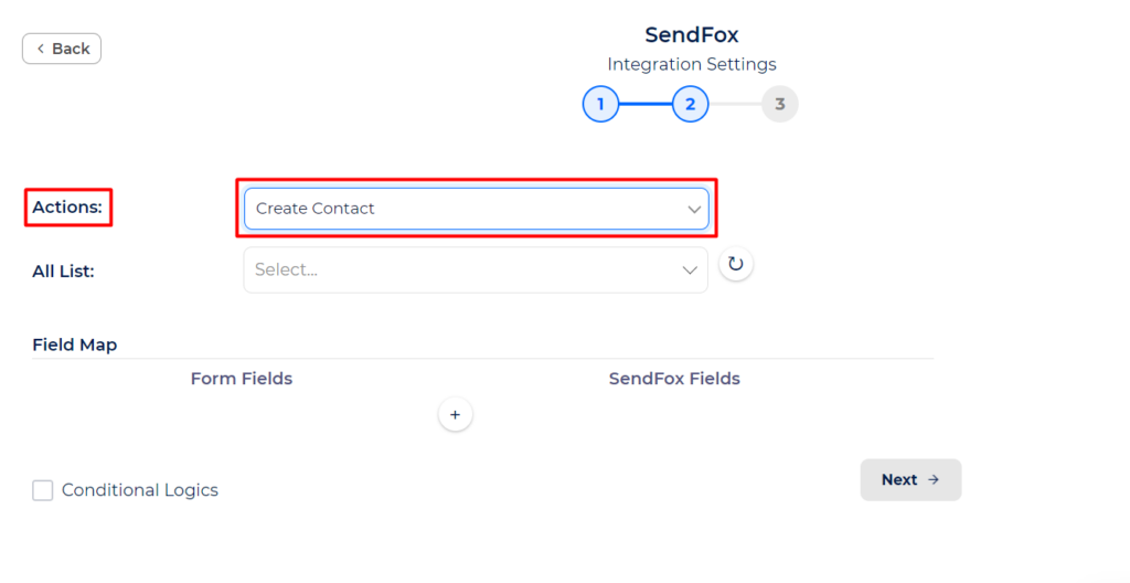 SendFox Integration with Bit Integrations - Action - Create Contact