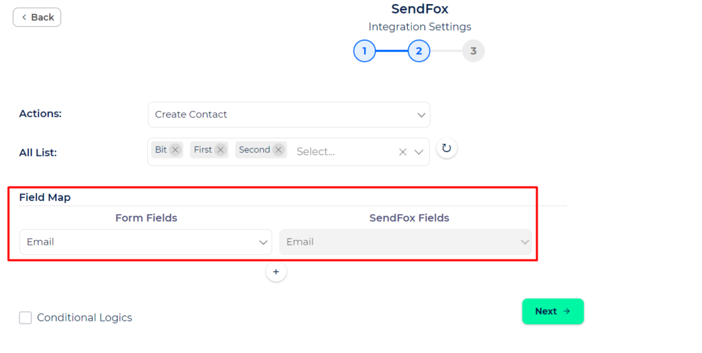 SendFox Integration with Bit Integrations - Action - Create Contact - Field Mapping