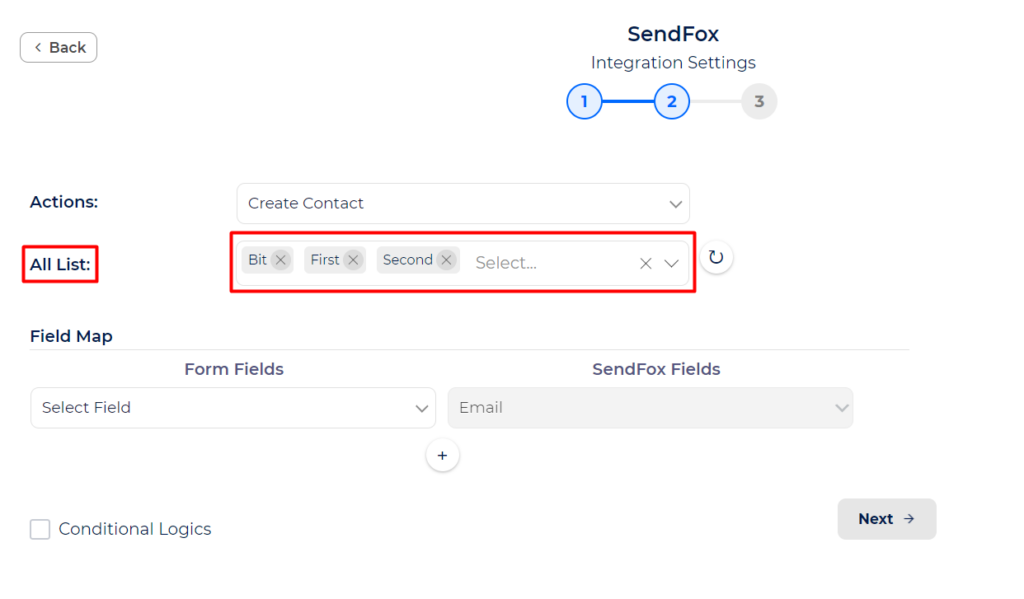 SendFox Integration with Bit Integrations - Action - Create Contact - List