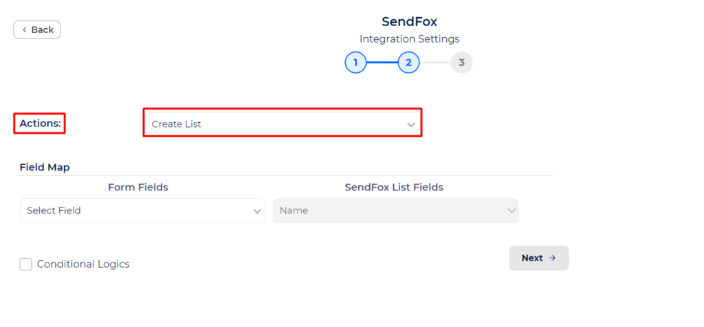 SendFox Integration with Bit Integrations - Action - Create List