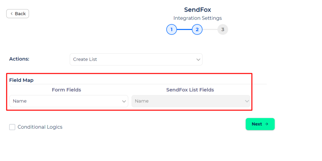 SendFox Integration with Bit Integrations - Action - Create List - Field Mapping