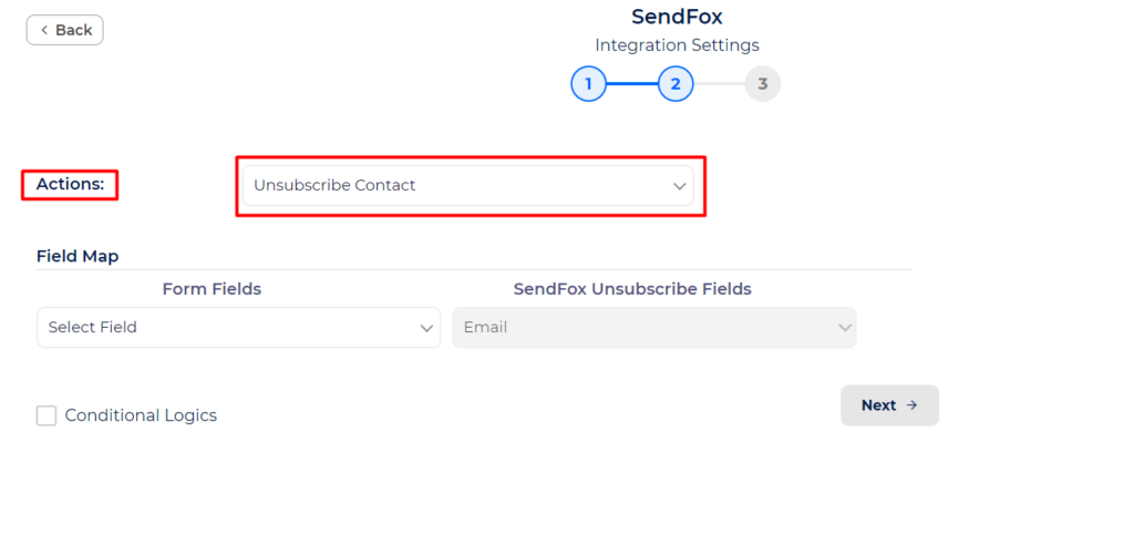 SendFox Integration with Bit Integrations - Action - Unsubscribe Contact